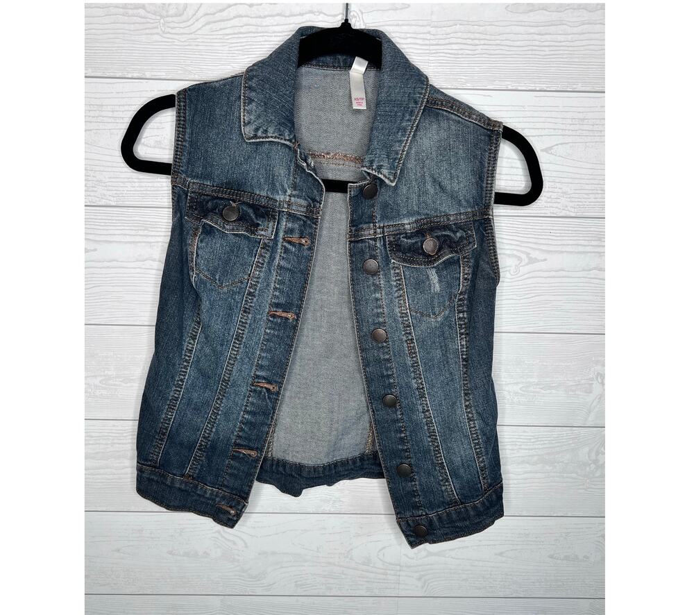 : Xhilaration Womens XS Denim Vest Blue Jean Sleeveless Button Front Distressed